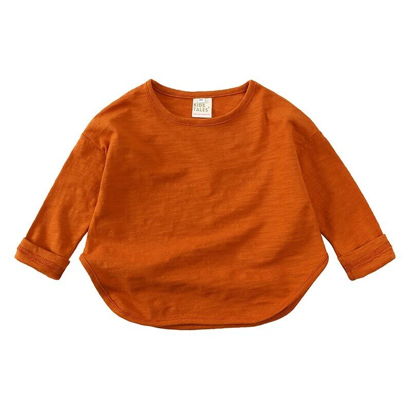 아동용 라운드넥 단색 보터밍 셔츠, 심플한 캐주얼 긴팔 티셔츠, 유아 코튼 상의, 독특한 티셔츠, 남아 및 여아, 가을