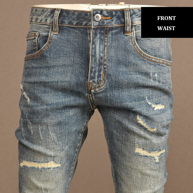 Modne męskie jeansy sprany niebieski Retro elastyczne Slim Fit porwane jeansy mężczyzn w stylu Vintage casualowe spodnie jeansowe Hombre
