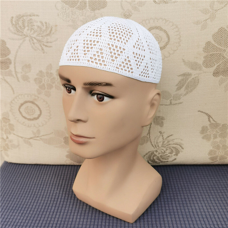 Novo Verão Branco Puro Handmade Hooked Oração Chapéu Oração dos homens da Arábia Saudita Branco Malha Chapéu Envolvido com Headband como BottomHat