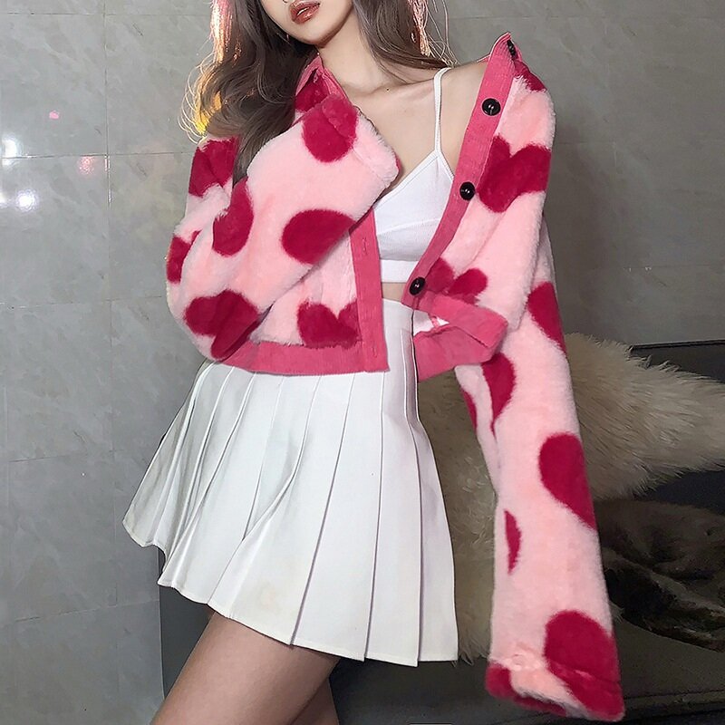 Осенне-зимние контрастные Свободные повседневные пальто с надписью Love, Женская куртка с милым розовым сердечком, корейский модный стильный кардиган в стиле преппи, куртки