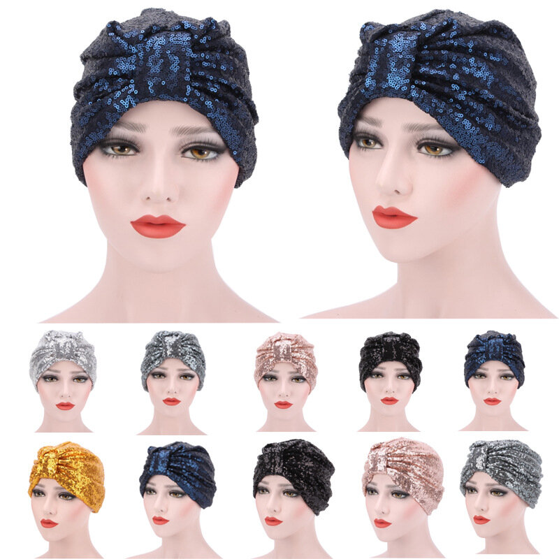 Women's Turban Hats Muslim Stretch Black Burgundy Navy Solid Color Soft Modal Indian Sequins Cap For Women Lace
