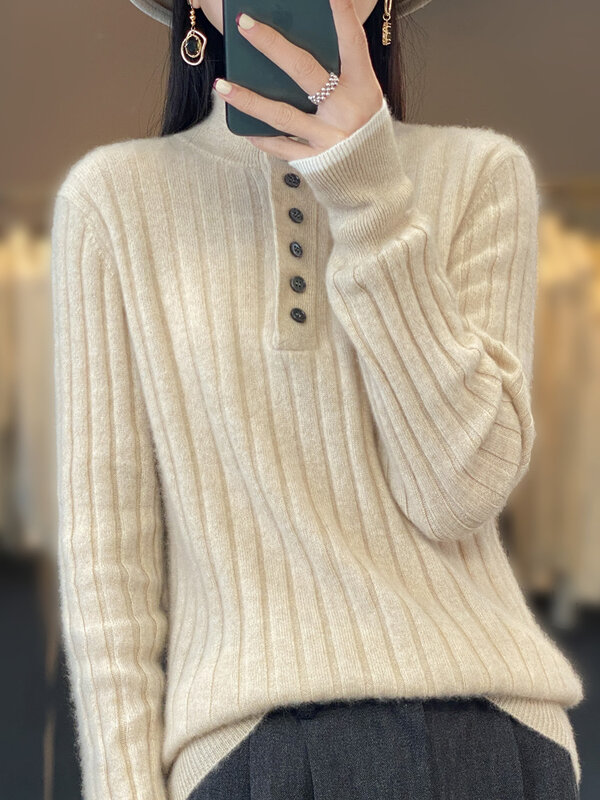 High Quality Women Autumn Winter Casual Turn-down Collar Pullover Sweater 100% Merino Wool Thickened Warm Cashmere Knitwear Top