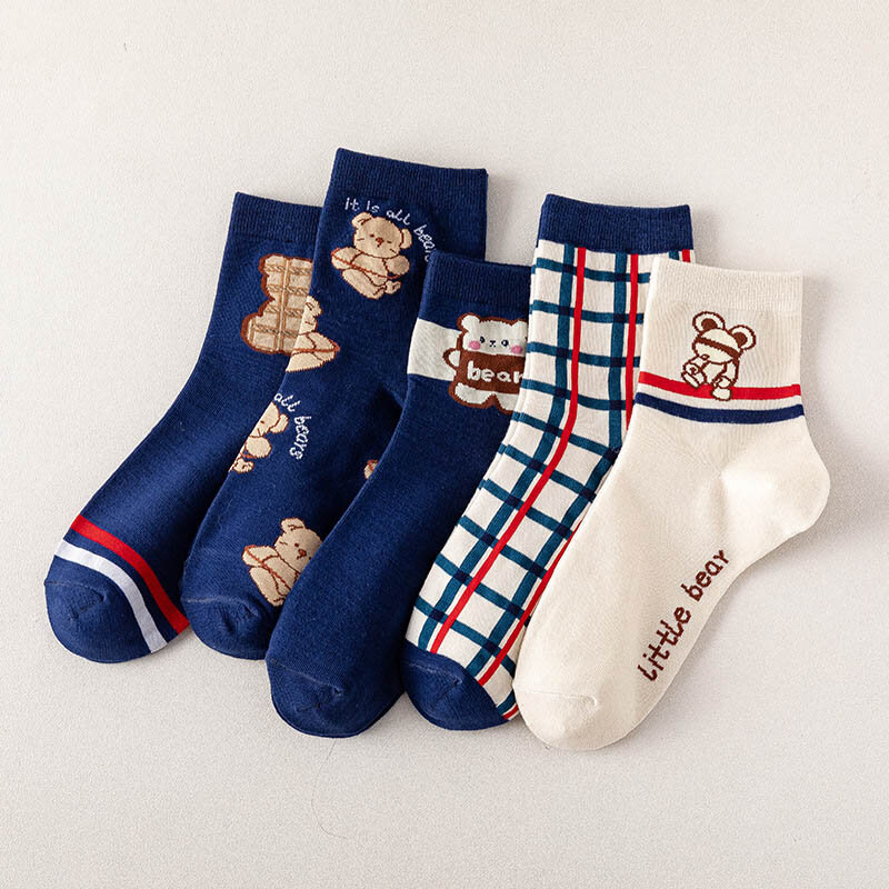 Japanese Mid Tube Socks High School Girls Harajuku Socks Kawaii Needles Knitting Bear Cotton Socks White Blue Sock for Women
