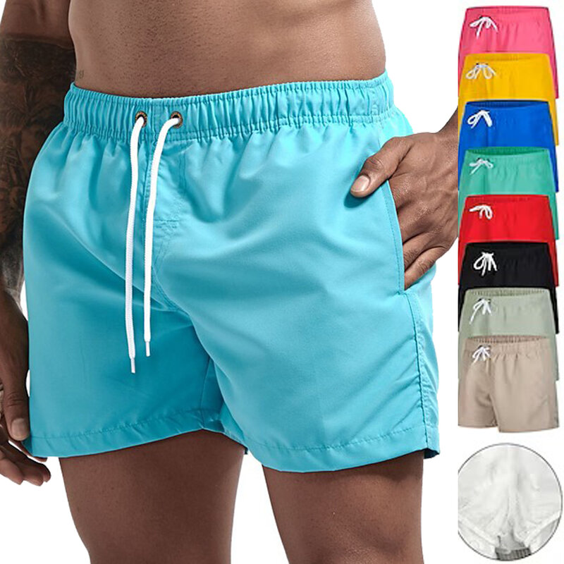 Calção de banho de secagem rápida masculina, calção respirável, cordão com bolsos, surfe, calção de praia, verão