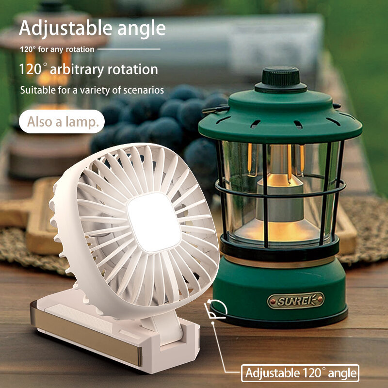 Mini ventilador elétrico portátil com lanterna, recarregável, usb, pequeno, para a mesa, camping engrenagem