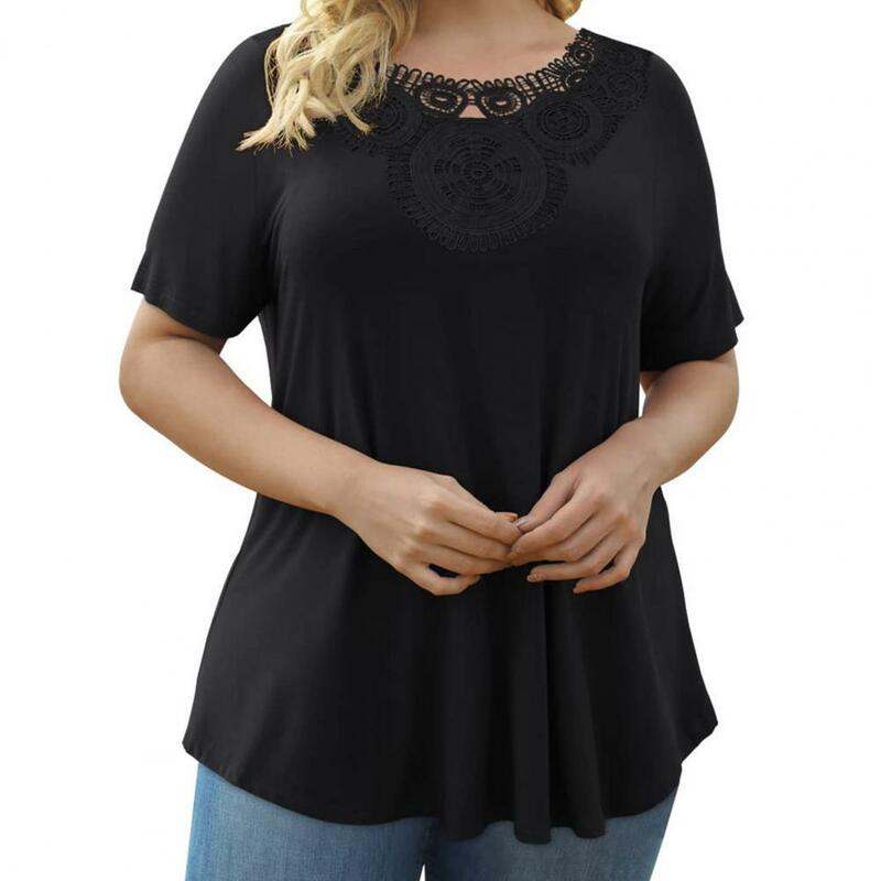 Regular Fit Women Top Stylish Lace Hollow Splicing Women's Summer T-shirt O-neck Short Sleeve Tee Shirt Loose Fit for Streetwear