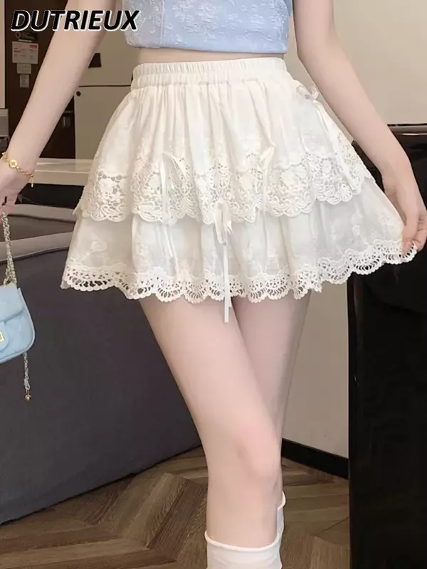 White Short Skirts Women's Puffy Lace 2024 New Spring Summer Sweet Cute High Waist Bow A- Line Casual Mini Skirt Female