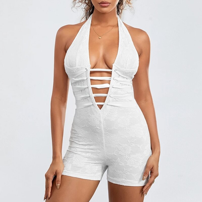 Women's Sexy Lace Bodysuit Deep V Neck Backless Sleeveless Halter Shorts Bandage Jumpsuit Bodycon Party Club Rompers