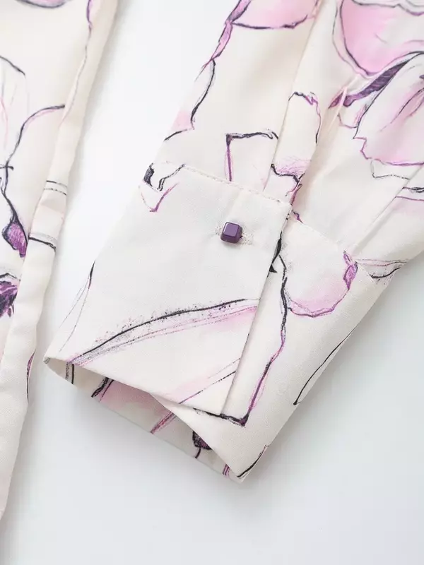 Женская рубашка с цветочным принтом, свободная шелковая атласная текстура с отложным воротником, женская рубашка в стиле ретро с длинным рукавом и пуговицами, уникальный топ