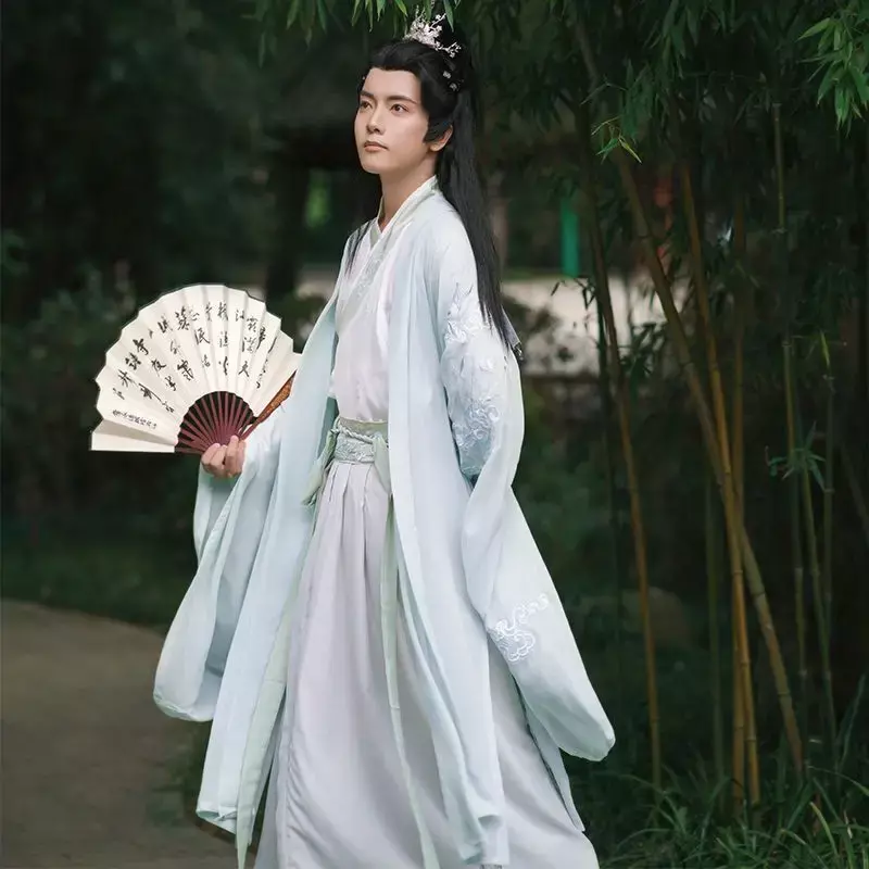 Duży rozmiar 3XL Hanfu męski chińskie tradycyjne przebranie na karnawał Halloween Cos kostium starożytna niebiesko-biała koszula Hanfu + komplety spódniczek