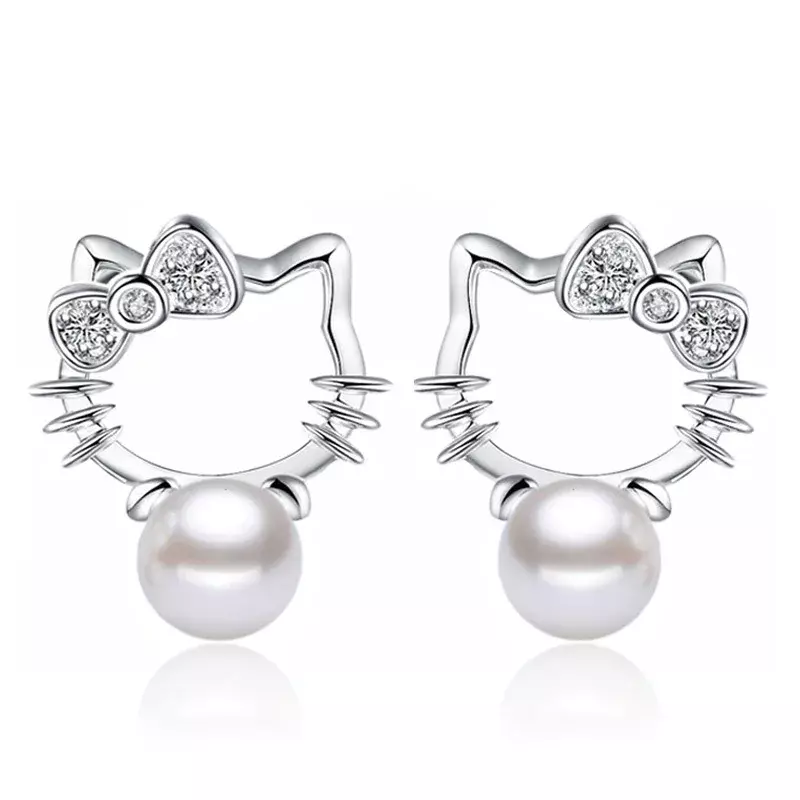 New Sanrio Hello Kitty Earrings Women 925 Silver Needle Super Flash Cubic Zirconia Pearl Earrings Fashion Kitten Jewelry Gift
