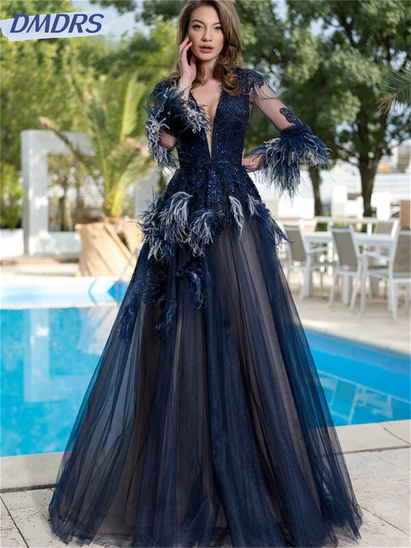 Elegant Feather Dress 2024 Sexy Long Sleeve A-Line Evening Dresses Charming Deep V-Neck Floor-length Gowns Vestidos De Novia