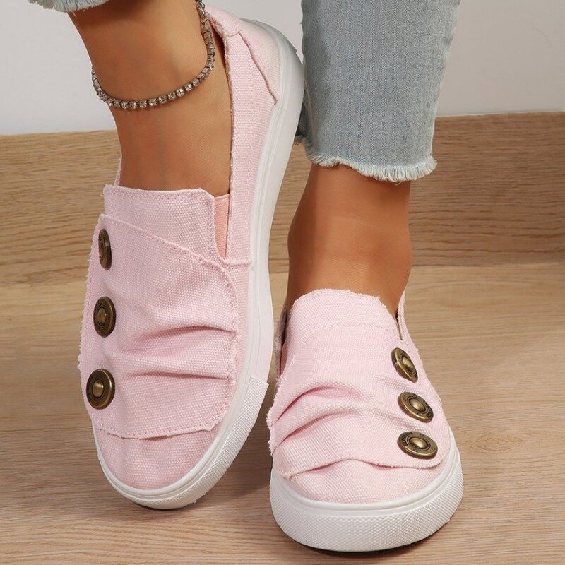 Comemore 2024 Summer Flats New Large Size Denim Couple Model Buttoned Low Price Shoes for Women's Loafers Comfortable Sneakers