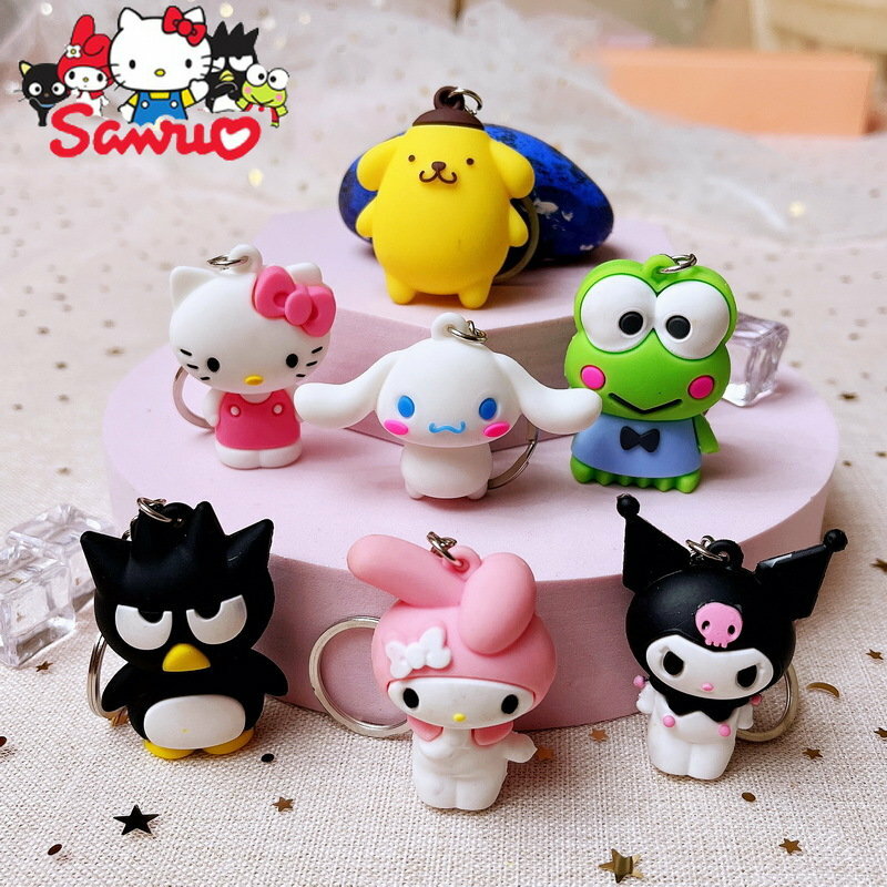 Criativo Soft Rubber Keychain, Melody, Kuromi, Hello Kitty, Cinnamoroll, KT Cat Doll, Bolsa de carro, Pingente Chaveiro, Presente de aniversário