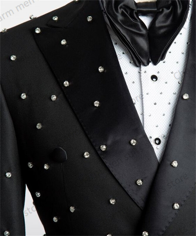 Blazer de luxo preto masculino, jaqueta personalizada, casaco de negócios do escritório, roupa do smoking do casamento do noivo, roupa do noivo, cristais, 1 pc