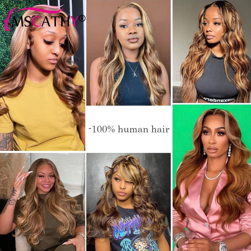 Transparente HD Lace Front Wig para Mulheres Negras, Mel Loira Peruca Onda Do Corpo, Perucas de Cabelo Humano Brasileiro, 13x4, 13x6