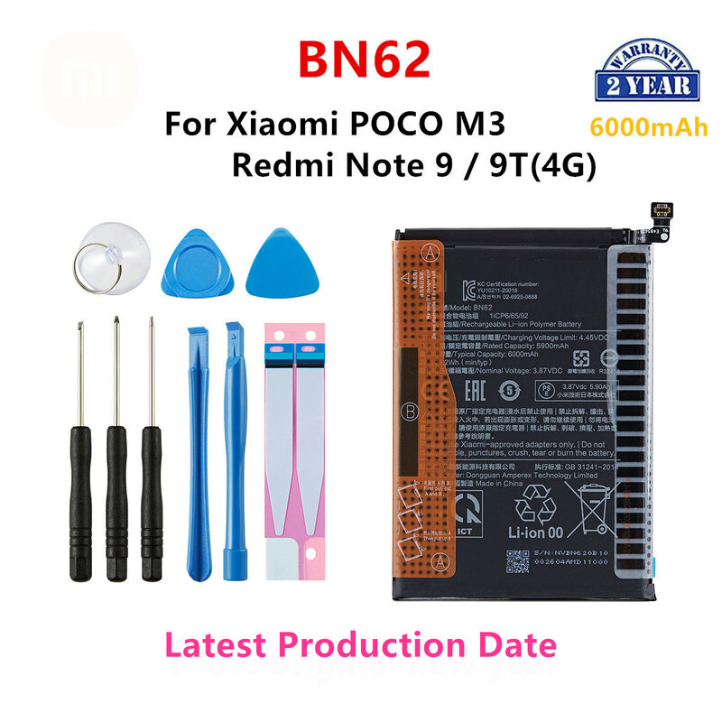 Batería original BN62 100% mAh para Xiaomi POCO M3, Redmi Note 9, Redmi 9T, 4G, herramientas de repuesto para teléfono, 6000