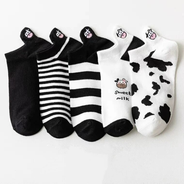 Calcetines tobilleros con estampado creativo para mujer, medias cortas con estampado de vaca, 5 pares