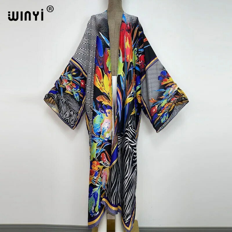 2022 WINYI Summer Beach Wear Swim Suit Cover Africa sweet lady boho Cardigan stitch Self belt sexy Holiday Kimono manica lunga