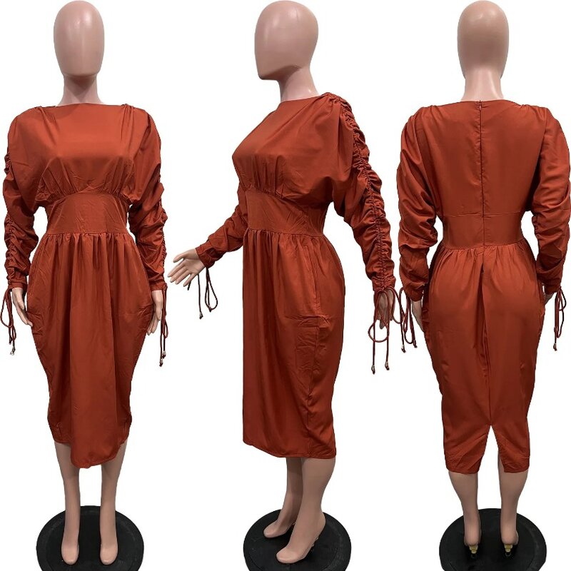 African Dresses for Women Spring 2024 Elegant African Long Sleeve O-neck Party Evening High Waist Drawstring Casual Midi Dresses