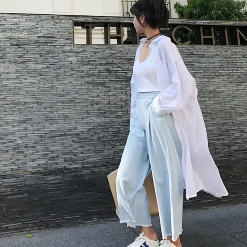 Camicie donna Solid Simple Sunscreen abbigliamento All-match traspirante Baggy stile coreano Streetwear manica lunga estate ragazze sottili