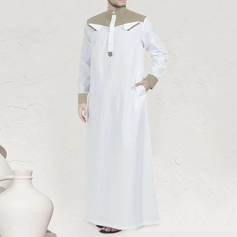 Jubba Thobe confortável para homens, roupa tradicional muçulmana, túnica de mangas compridas, gola mandarim, Eid Caftan, cor de contraste, Oriente Médio