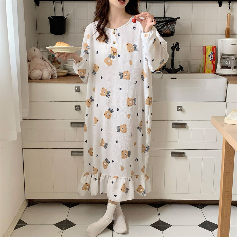 New Casual Round Neck Nightgowns Summer Thin Breathable Long-sleeved Nightdress Large Size Loose Sleepwear Girls' Print Homewear