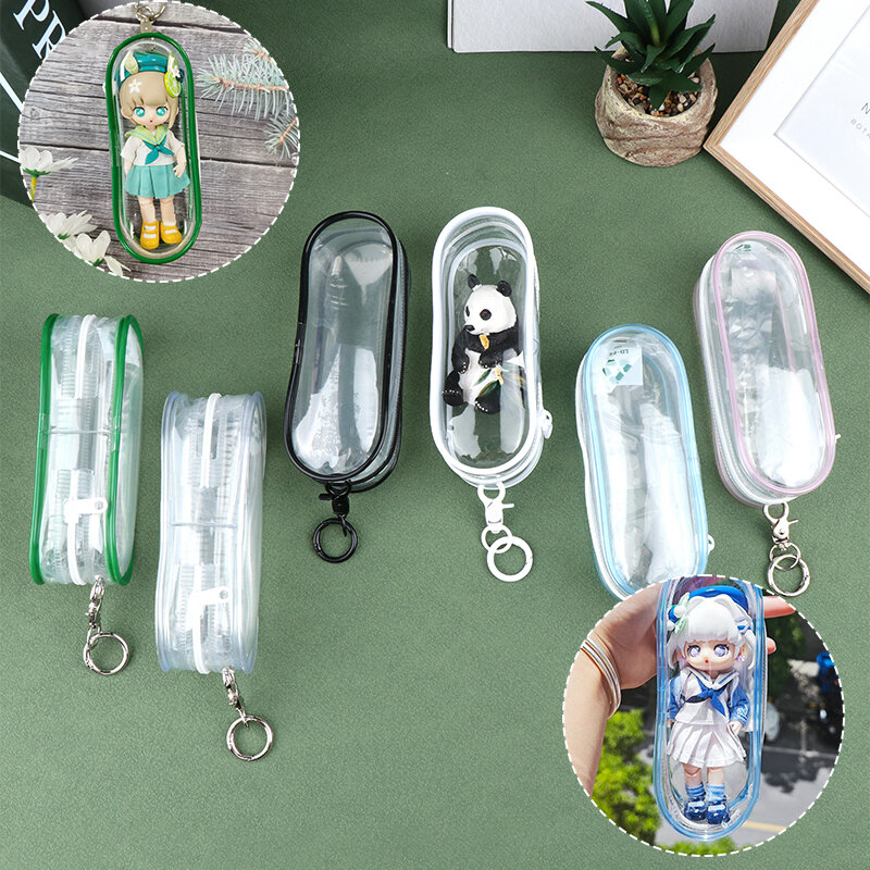 Tas penyimpan Earphone Lipstik kunci gantungan kunci dompet koin transparan tas tempat penyimpanan Earphone boneka Anime Mini
