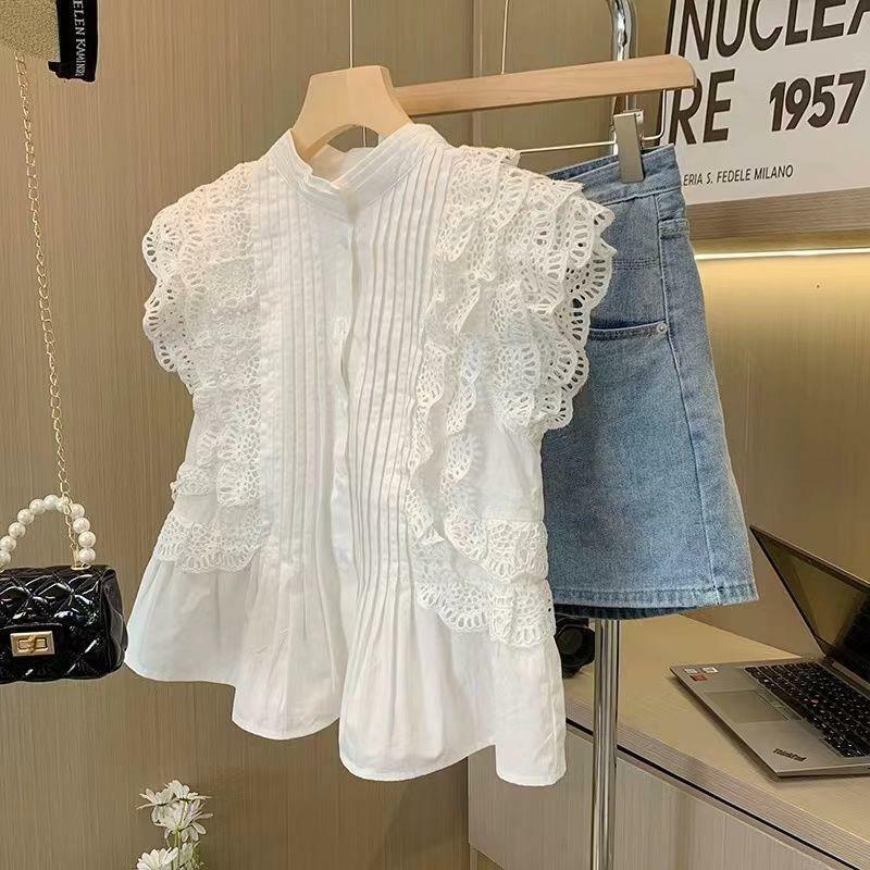 2024 Spring Summer New Women Solid Color Sleeveless Lace Hollowed Out Blouses Fashion Commute Round Neck Button Shirts Vest Tops