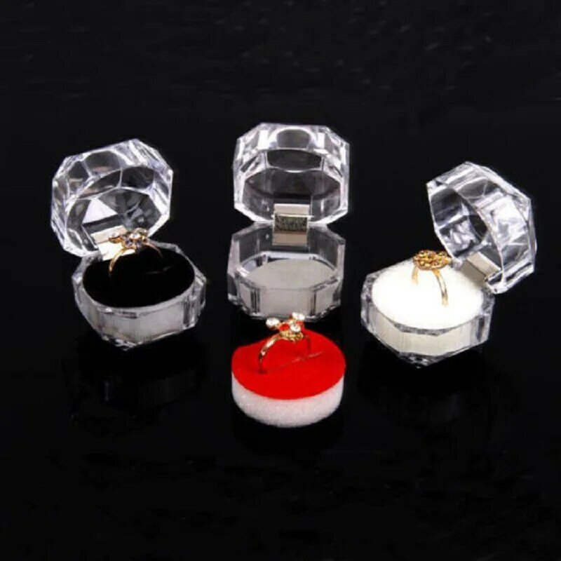 Casing cincin kristal Flip transparan tempat pajangan penyimpanan anting-anting kotak Organizer perhiasan Mini Oktagonal akrilik grosir