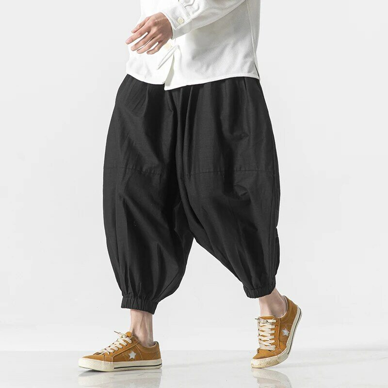 Celana pof kasual lebar Linen katun pria, celana TangSuit gaya China longgar sembilan poin celana pasangan Jepang celana terikat pergelangan kaki