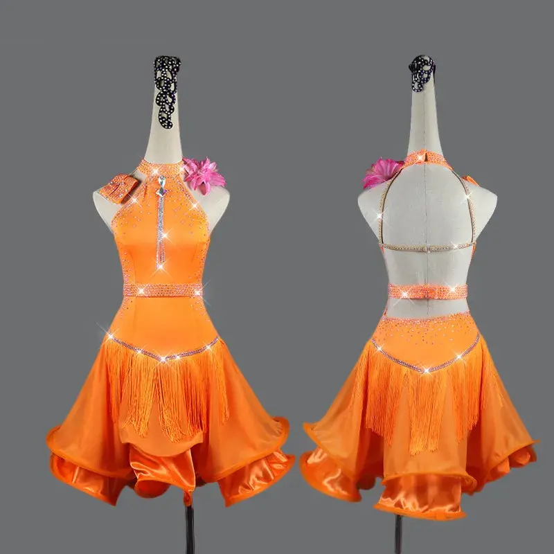 Letnie seksowne kobiety konkurs Latin Dance Dress taniec towarzyski odzież sportowa fioletowe cyrkonie dziecięce sukienki dla dziewczynek