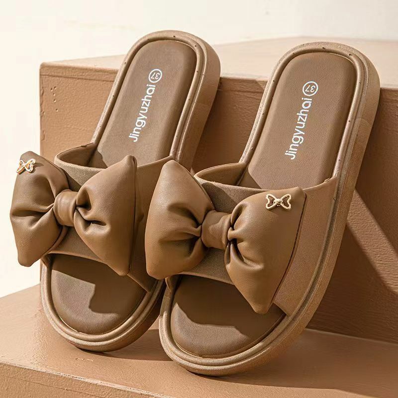 New Women's Summer One Word Flat Sole Slippers Free Shipping Thick Sole Non Slip Lovely Bow Home Slippers Outdoor Beach Slippers