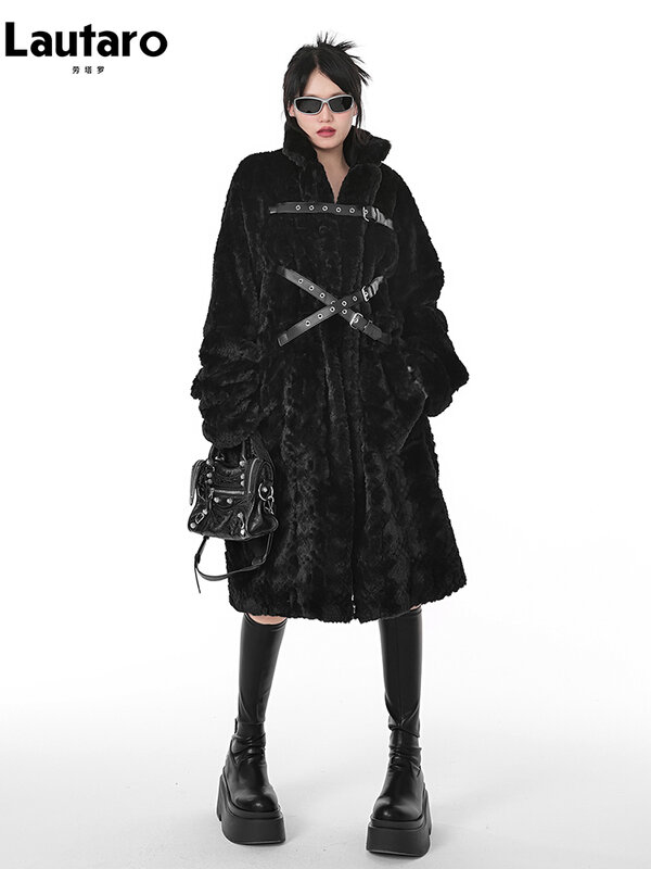 Lautaro-女性のカジュアルなロングルーズフィットジャケット,厚くて暖かい黒のフェイクファーコート,スタンドカラー,パンクスタイル,ふわふわ,2023