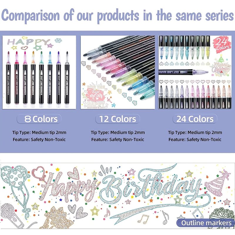 Marcadores de esboço para scrapbook, linha dupla, canetas metálicas, ovos de Páscoa, artesanato, auto esboço, 8 cores, 12 cores, 24 cores