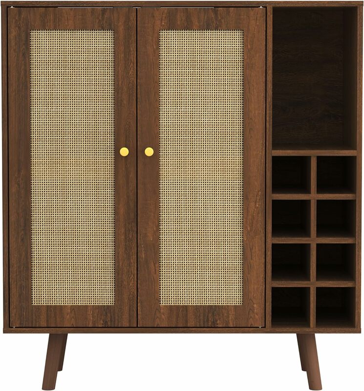 Paneles de ratán bohemios de mediados de siglo, armario de Bar de almacenamiento con acabado de nogal, madera de pino maciza tejida a mano, 32,68 "L x 15,75" 35,83 W x "H