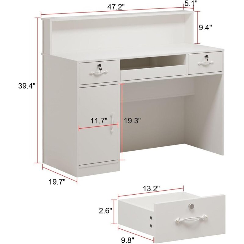 Modern Reception Counter Desk with Lights & Lockable Drawers, Reception Desk Front Counter Table with Cabinet, White