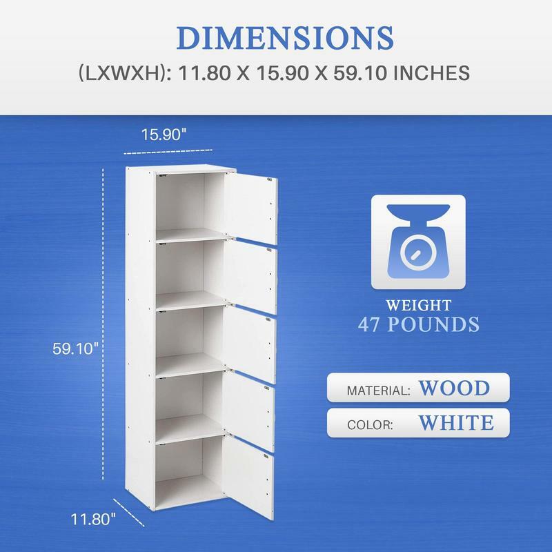 5 Shelf Home and Office Enclosed Organization Storage Cabinet, White