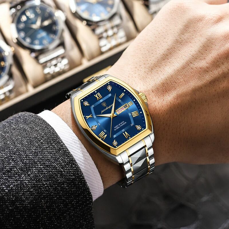 POEDAGAR-Relógio de aço inoxidável de luxo masculino, luminoso, impermeável, Tonneau Case, quartzo, data semana, Reloj