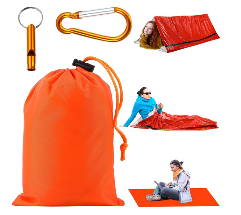 Saco de dormir individual de primeros auxilios, manta aislante de PE naranja, película aluminizada para acampar, supervivencia y emergencia, 210x90CM