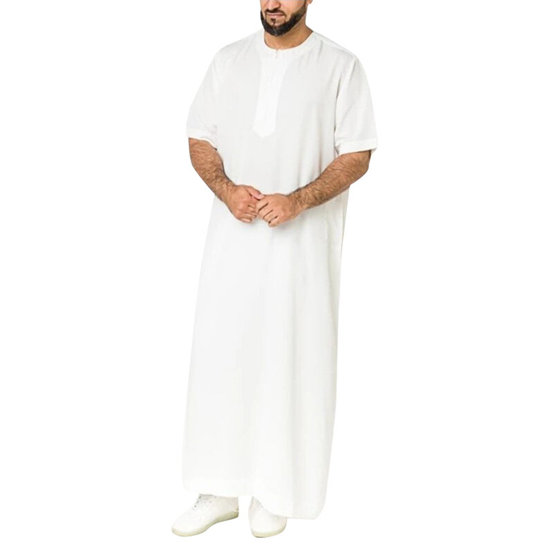 Saudi Style Zipper Jubba Thobe 2023 Men Solid Color Robes Casual Vintage Short Sleeve O Neck Muslim Arabic Islamic Clothes S-5XL