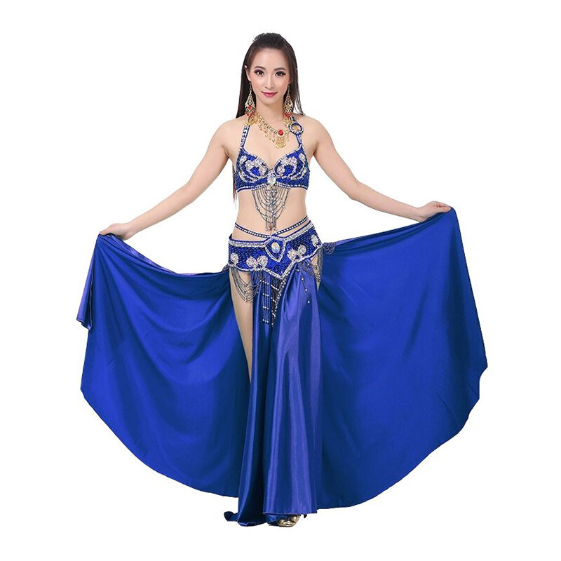 Traje de danza del vientre para mujer, conjunto de ropa de danza india, sujetador, cinturón y falda, 3 piezas, S/M/L, nuevo estilo, VL-N55