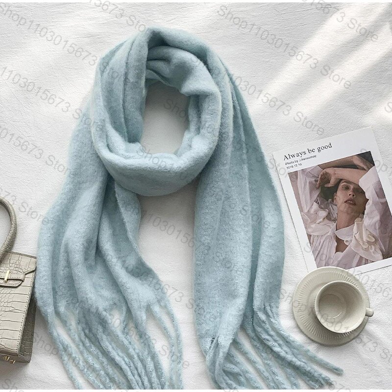 Зимний однотонный шарф, Женский кашемировый утолщенный теплый и пушистый шарф, удлиняющий роскошный классический однотонный мягкий шарф с кисточками