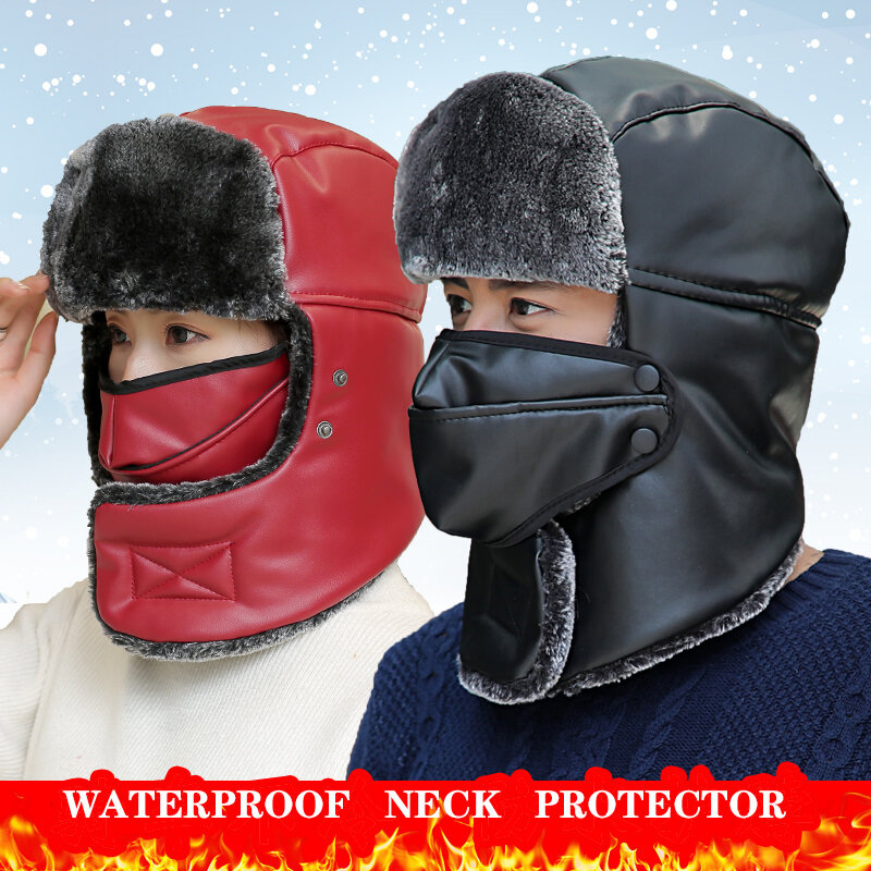 Leifeng 남녀공용 방풍 가죽 모자, 방수 봉제 모자, 두꺼운 귀 및 목 보호, 따뜻한 겨울 모자, D13