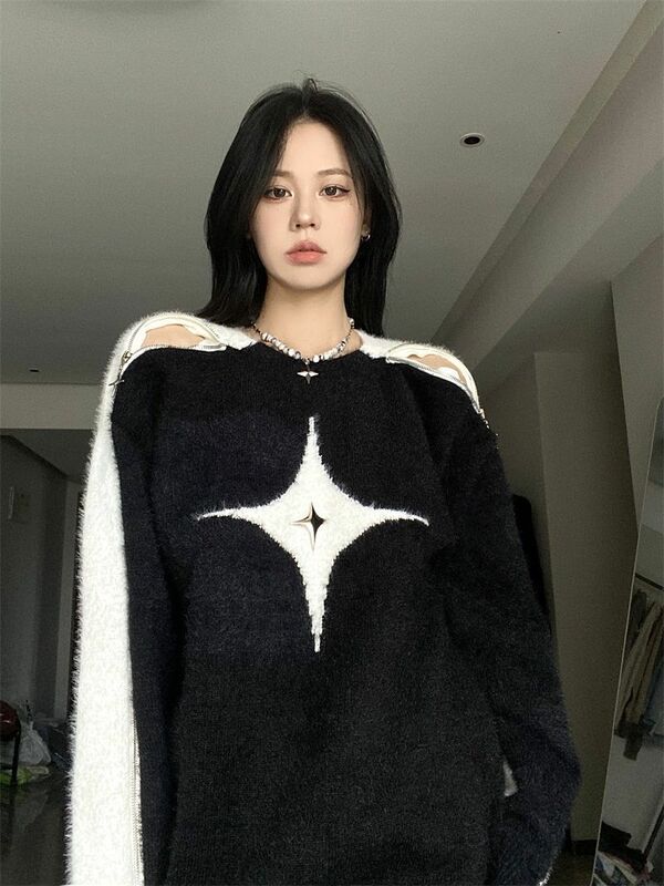 Autumn Harajuku Fashion Retro Contrast 2022 New Y2k  Color Star Sweater Sexy Slash Neck Off Shoulder Long Sleeve Tops Jumpers