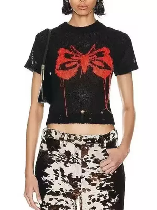 Women Thin Knitted Tops Butterfly Pattern Jacquard Retro Slim O-neck Short-Sleeved Short Pullovers