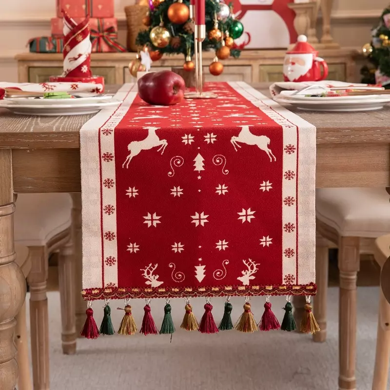 الأحمر الأيائل عيد الميلاد الجدول عداء مع شرابات ، شجرة عيد الميلاد التطريز مفرش المائدة ، طاولة الطعام المنزل ، ديكور عطلة ، الكتان