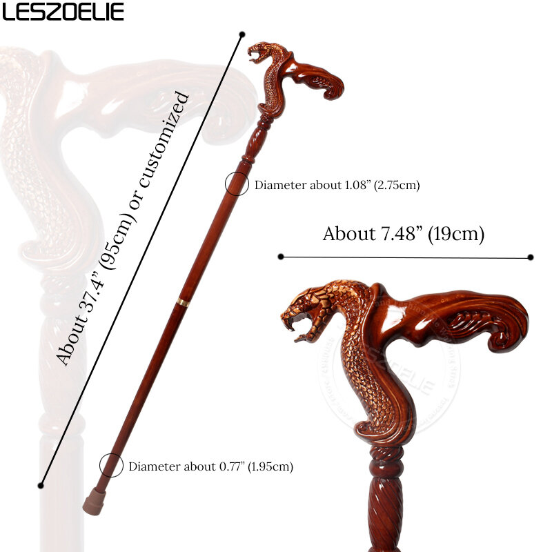 코브라 뱀 머리 손잡이, 독일 너도밤나무 나무 지팡이, 남성 유행 지팡이, 우아한 갈색 빨간색 지팡이, 95cm