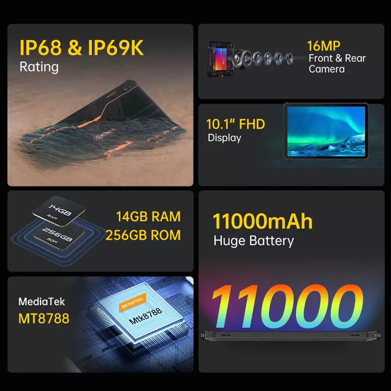 Oukitel-RT5 Tablet robusto, 10.1 ", FHD, Android 13, Pad, Octa Core, 8GB, 256GB, 16MP Câmera, Dual SIM, 11000mAh, 33W Carregamento rápido