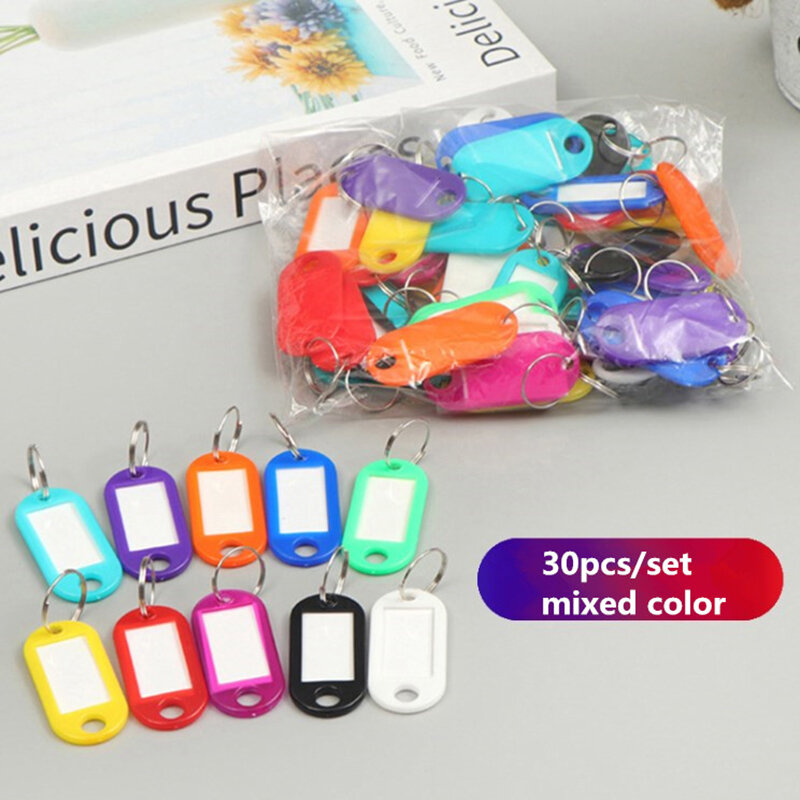 Gantungan Kunci plastik warna-warni 30 buah Label Label kunci nama bagasi Tag nama Label ID dengan cincin terpisah
